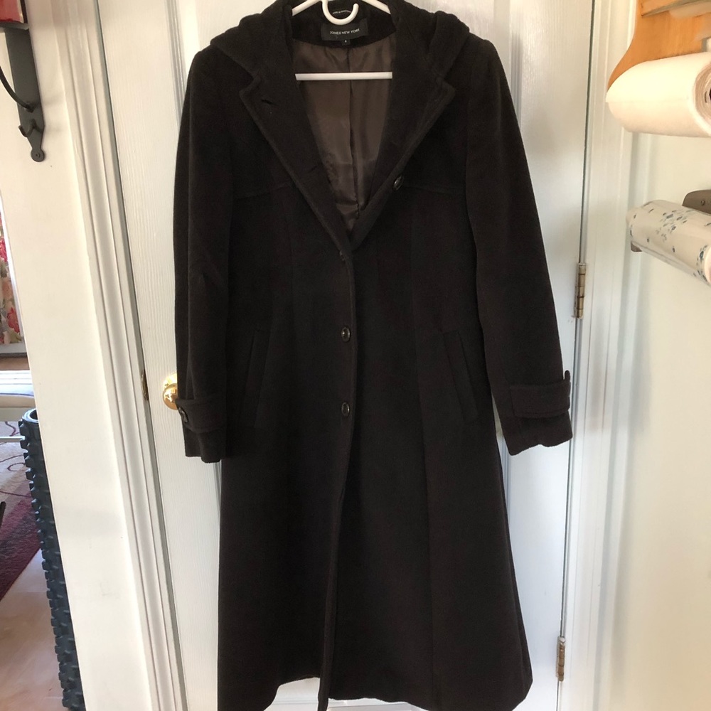 Ladies long wool overcoat.  Deep chocolate brown.